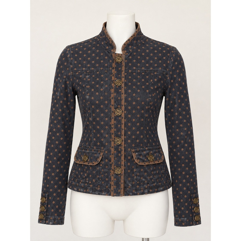 Doncaster Sport Polka Dot Denim Jacket Navy Brown Mock Neck XS/2 See Measurement